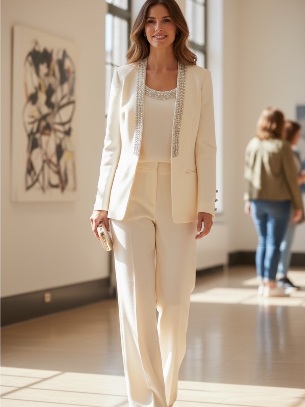 Cache Ivory Embellished Pant Suit 2 Pc Set Rhinestone Trim Formal Size 2